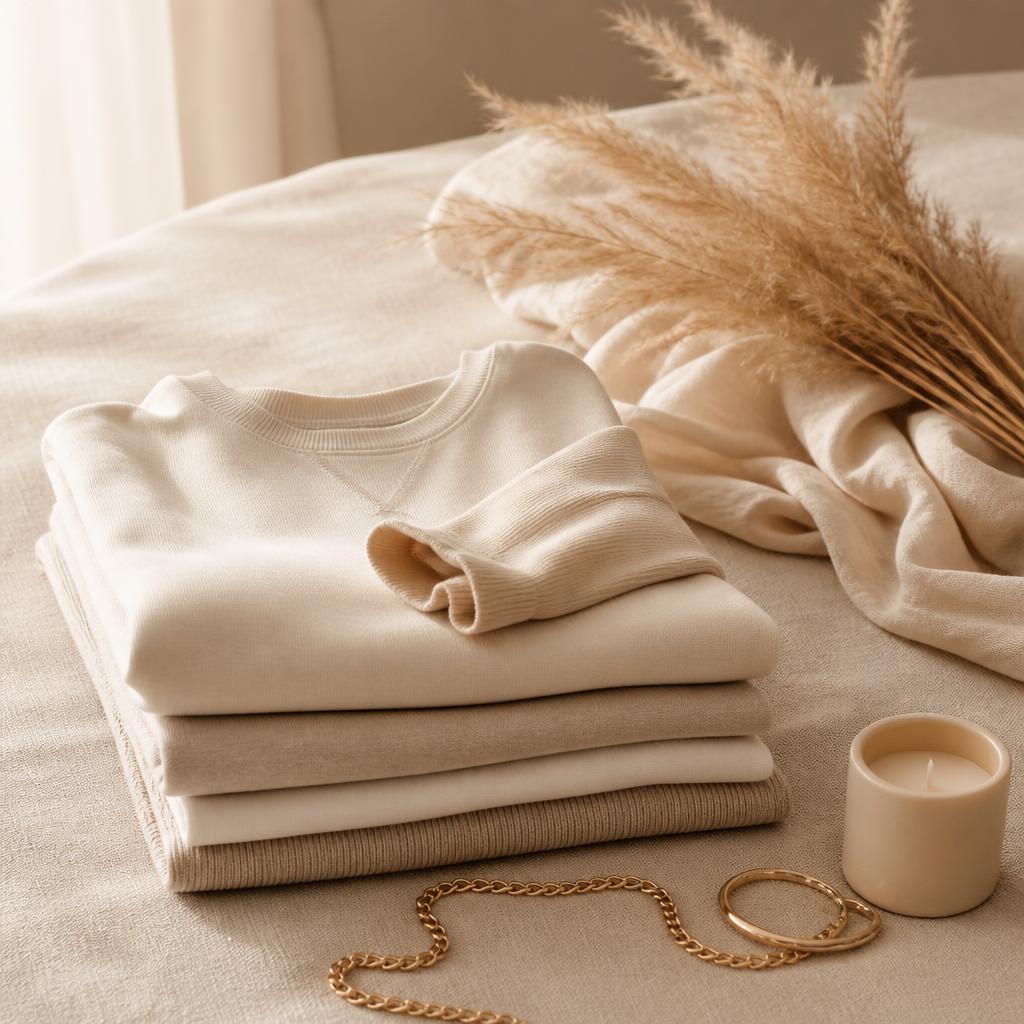 Premium neutral-toned loungewear flatlay with soft fabrics and gold accessories